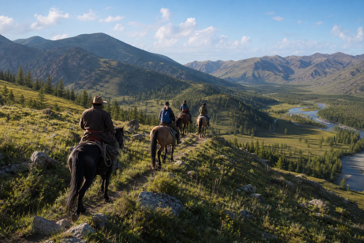 Riders following a trail above a river valley in the Khangai Mountains of Mongolia