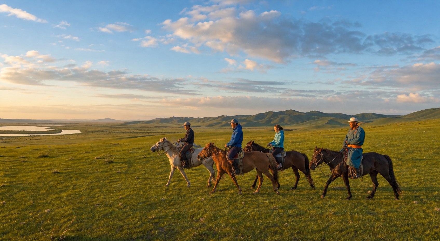Horse riding in Mongolia across the open steppe at golden hour