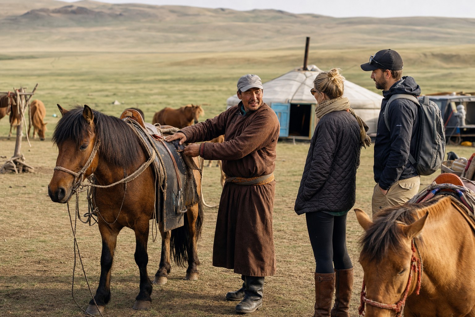Mongolian horse guide preparing a saddle near a ger camp before a riding day