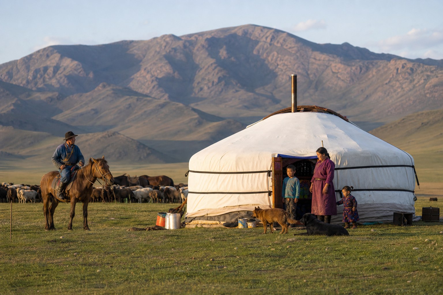 Nomadic camp with ger and family during a Mongolia trip