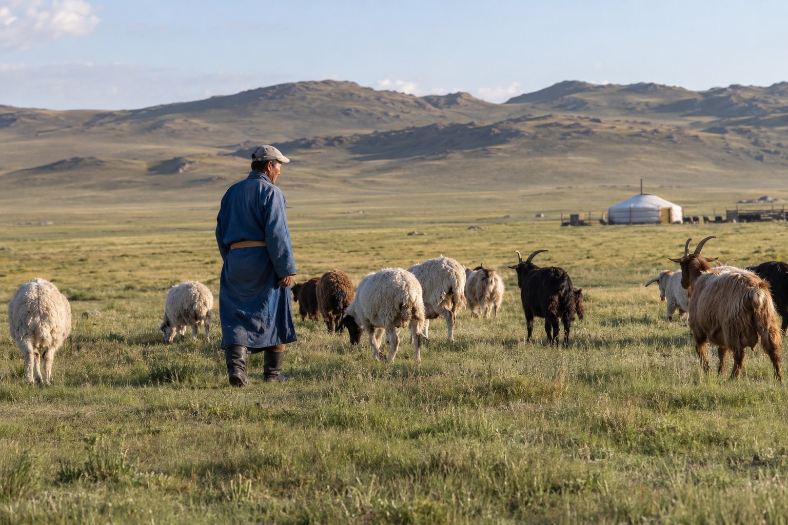 Mongolian herder walking beside sheep and goats on the open steppe