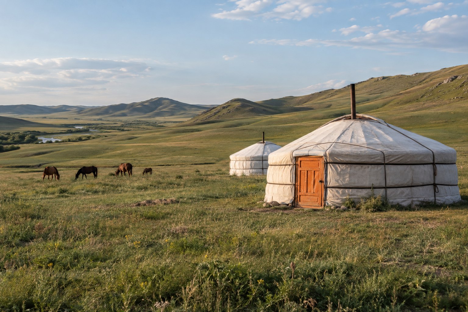 Two white felt Mongolian gers on the steppe with horses grazing nearby