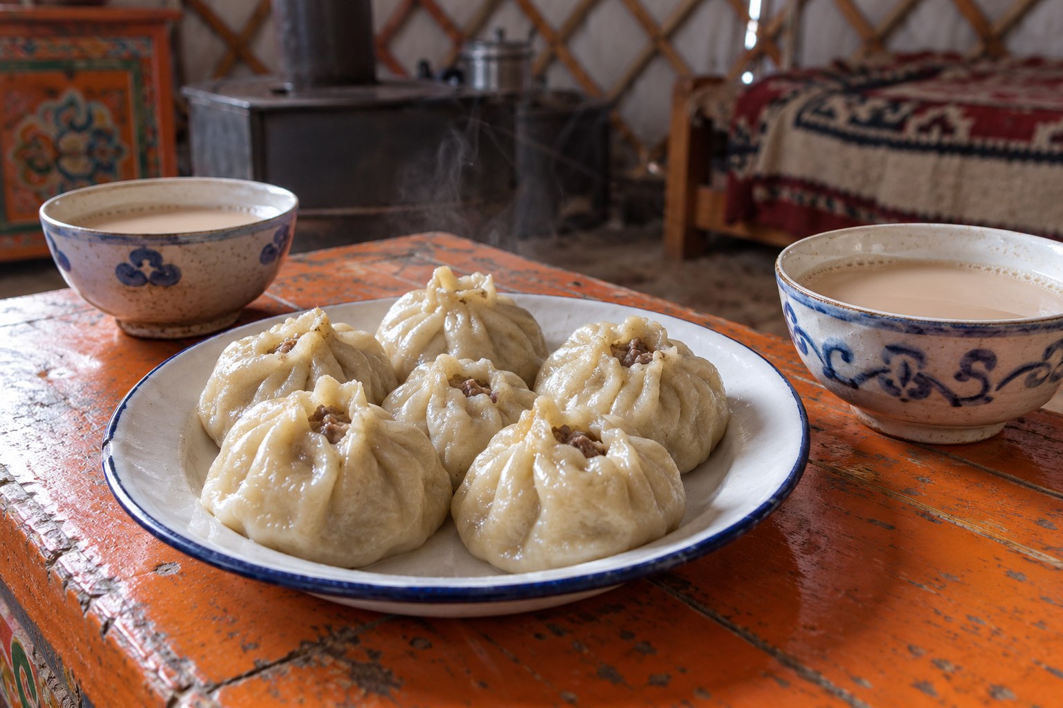 Steamed buuz dumplings and bowls of milk tea on a wooden table inside a Mongolian ger