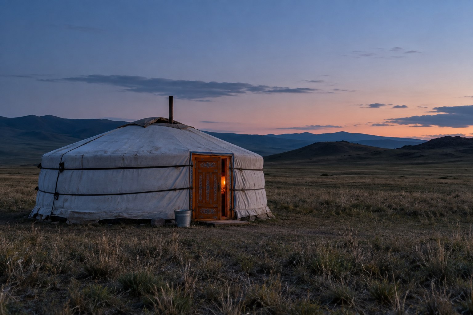 Mongolian ger with a softly lit doorway on the steppe at dusk