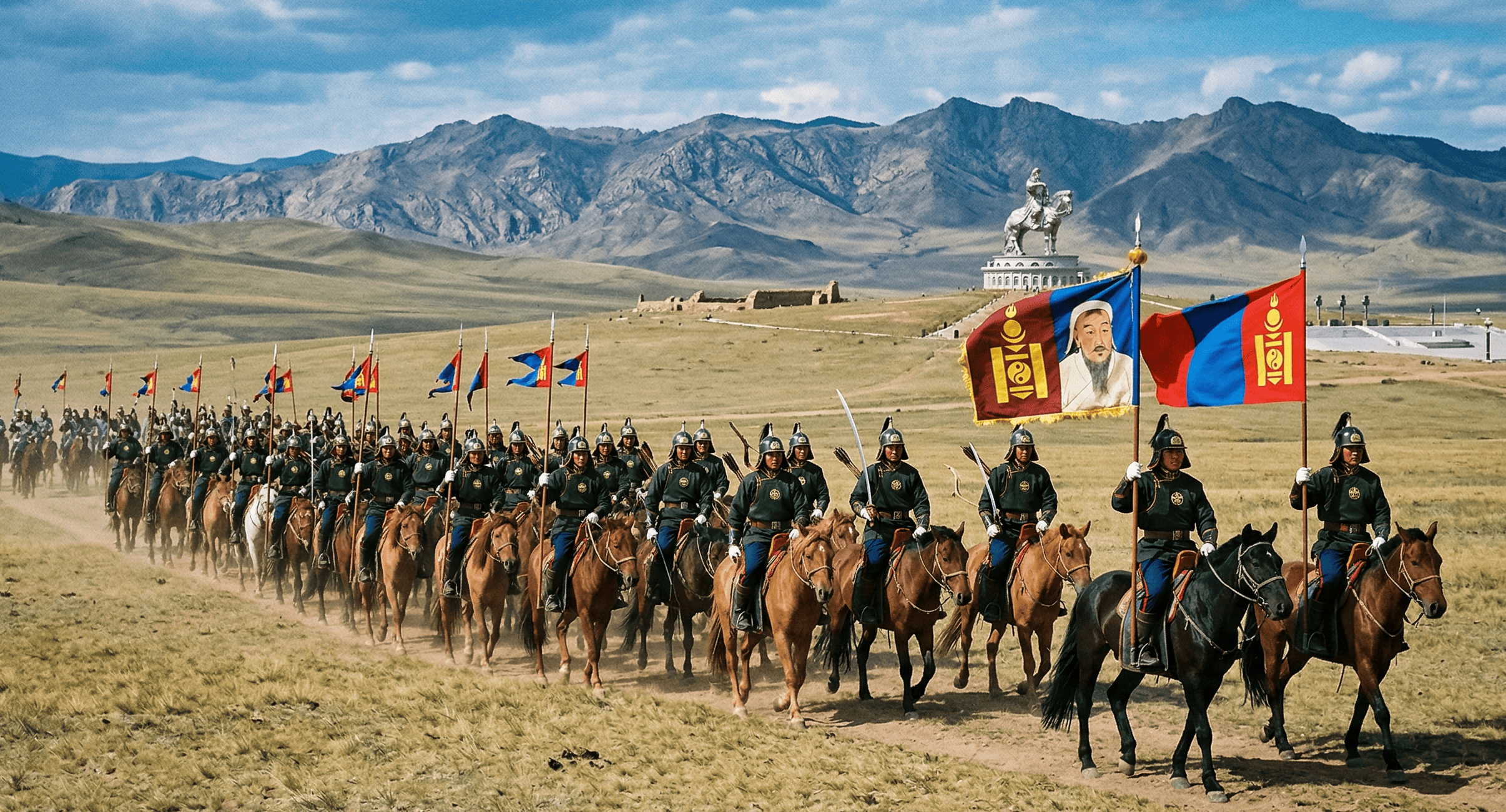 Mongolian horseman in traditional costume on the steppe in March