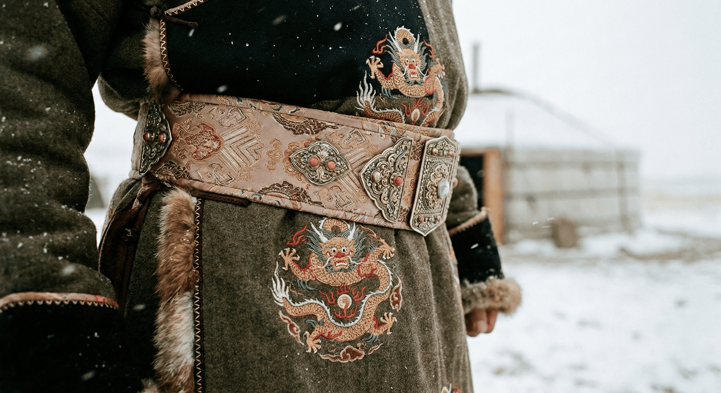 Détail du deel mongol brodé de dragons