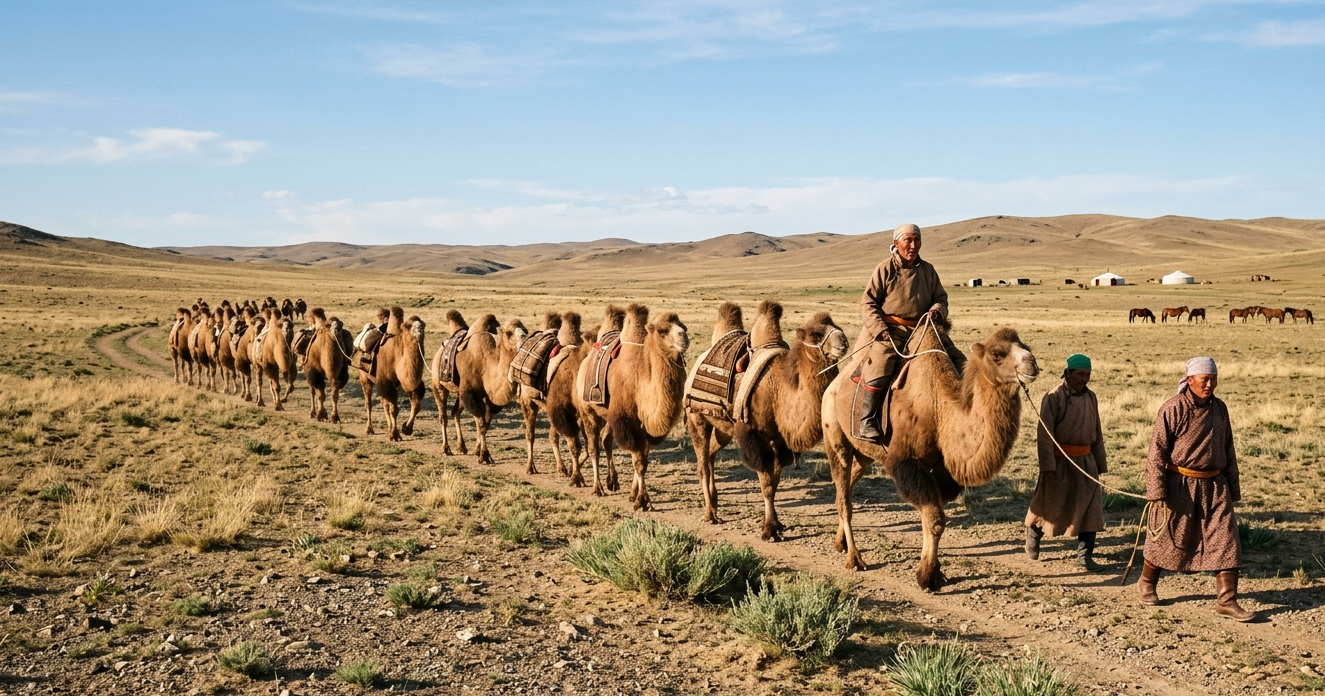 Gobi Desert in spring with Bactrian camels and dramatic sky