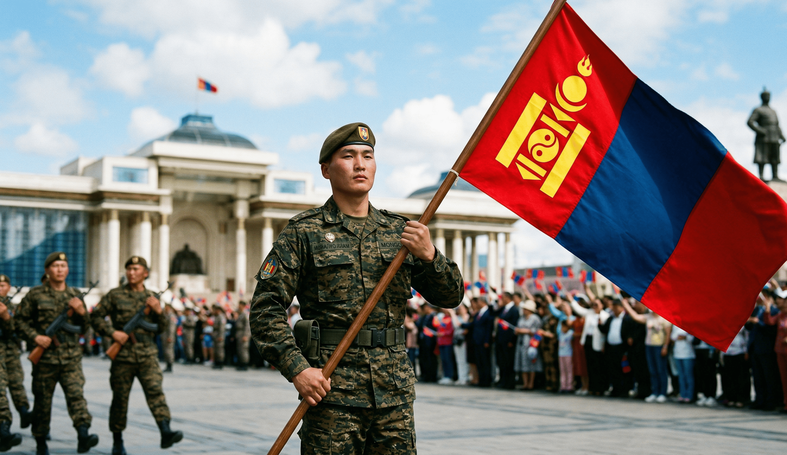 Mongolian soldier holding mongolian flag