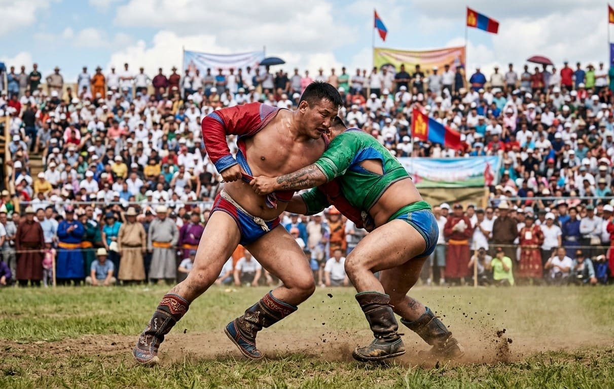 Two Mongolian wrestlers during Naadam in the National Stadium arena