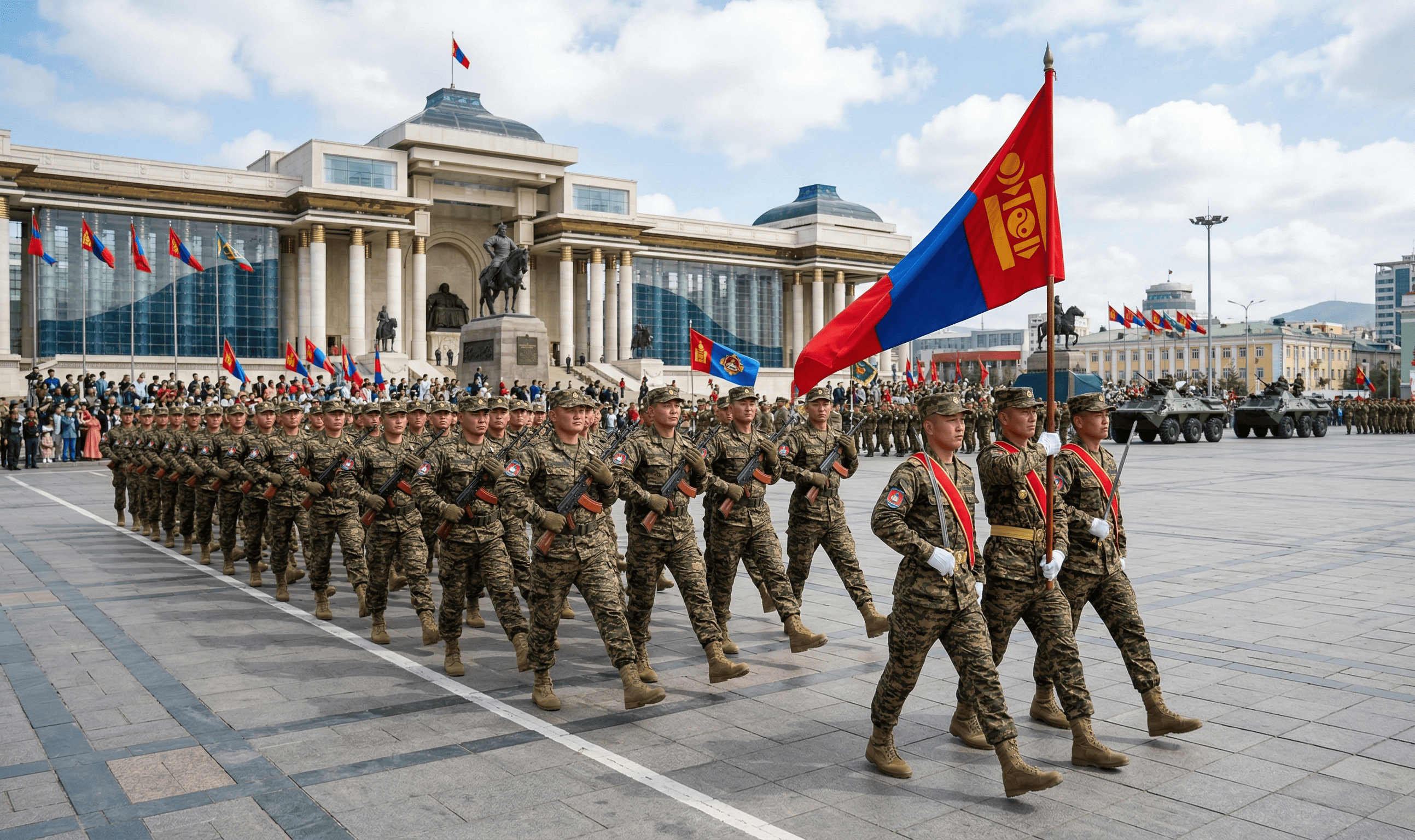 Mongolian soldiers in dress uniform during the March 18th parade in Ulaanbaatar