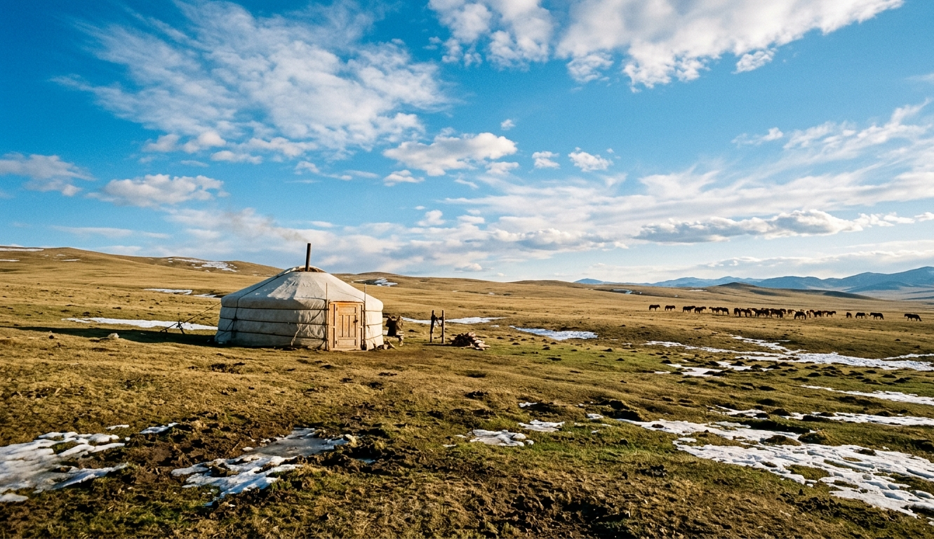 Mongolian steppe in spring with horses, yurts and a blue sky